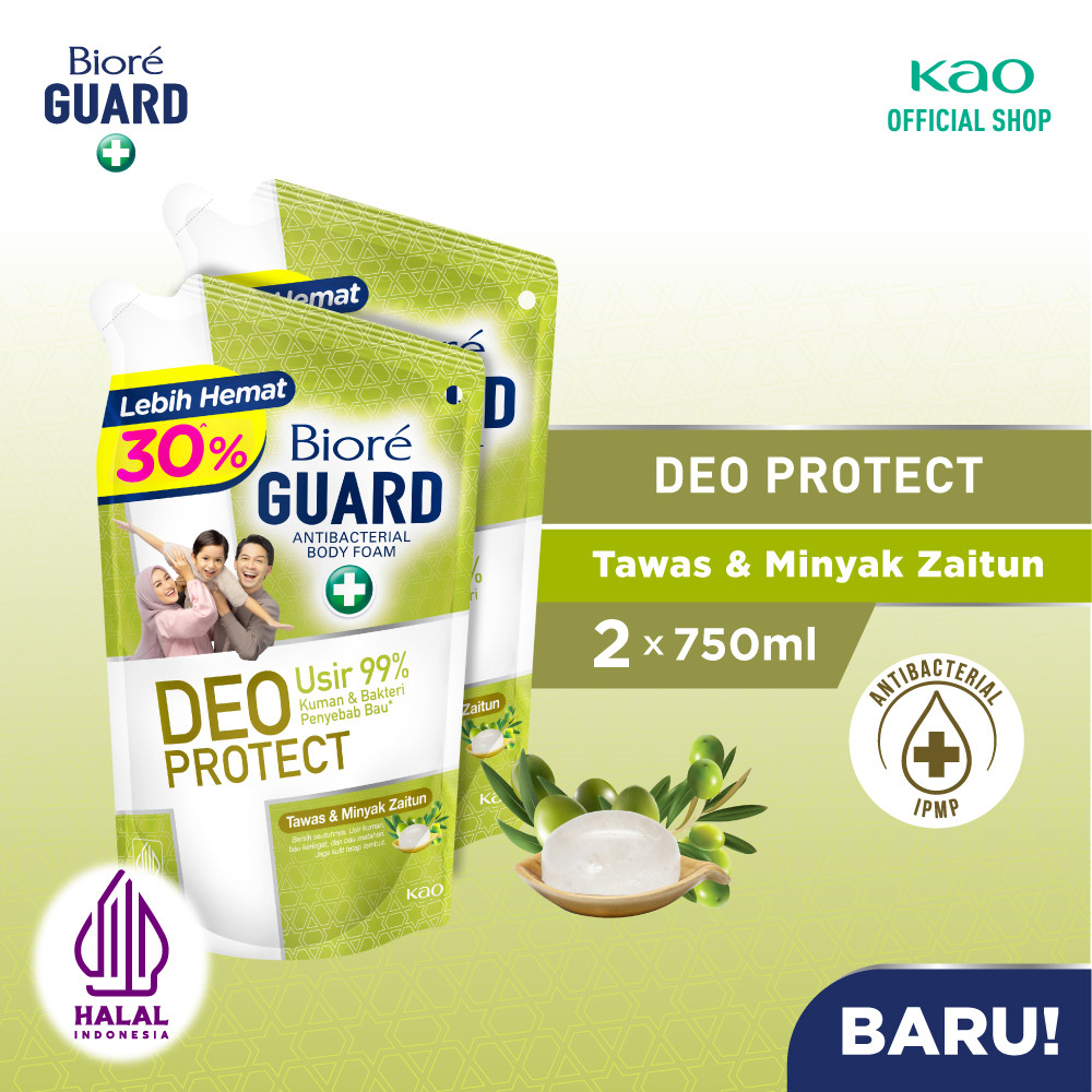Biore Guard Deo Protect Sabun Mandi Cair Anti Bakteri Halal Tawas & Minyak Zaitun Pouch 750ml Twin Pack