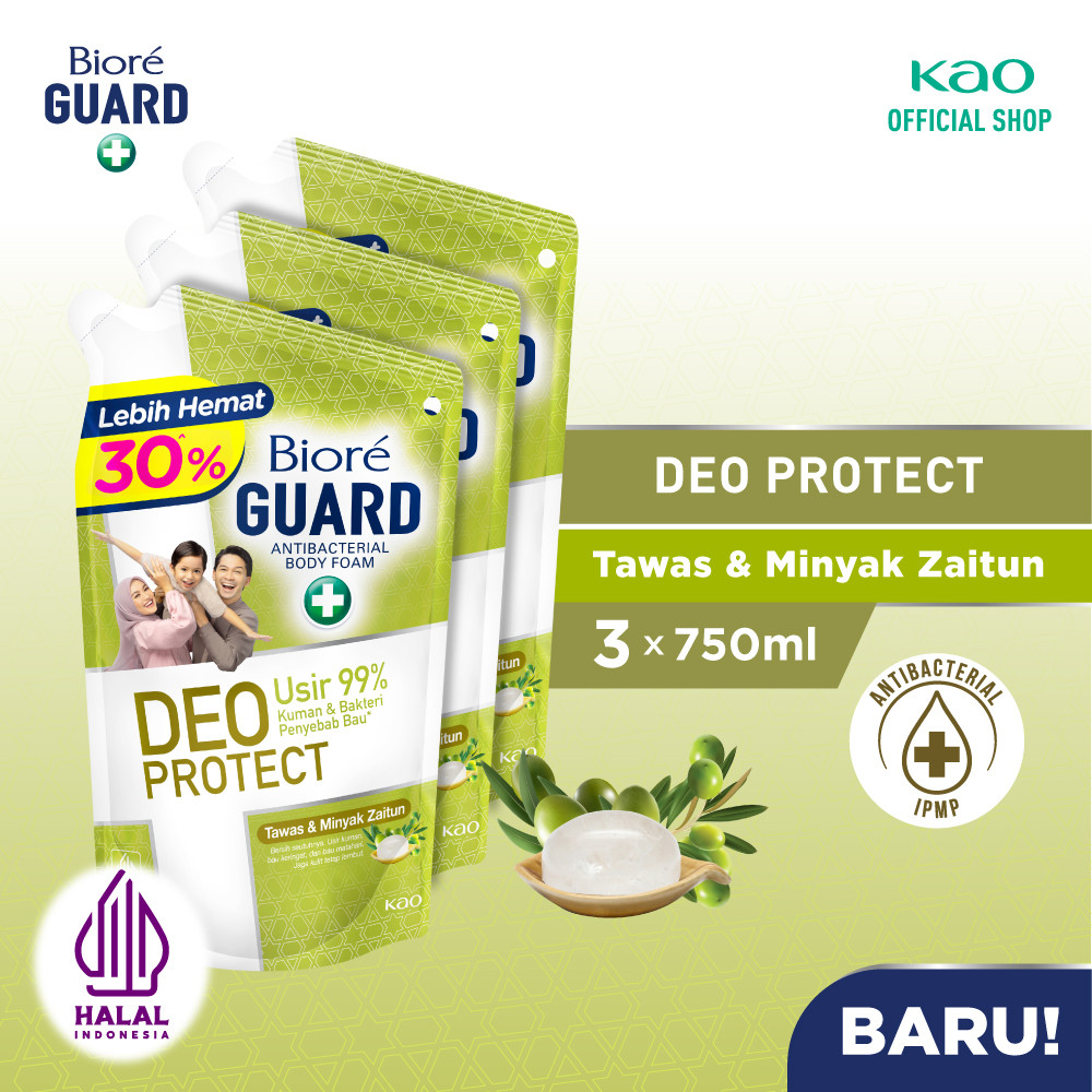 Biore Guard Deo Protect Sabun Mandi Cair Anti Bakteri Halal Tawas & Minyak Zaitun Pouch 750ml Triple Pack
