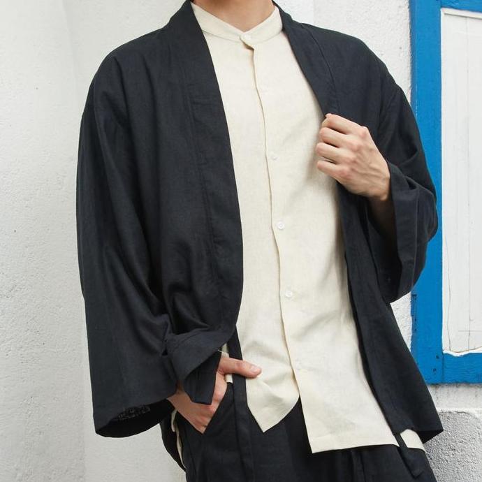 REMEDY Kimono Outer Linen Pria Lengan Panjang Casual Warna Hitam - Black Takumi Linen Outer NSD