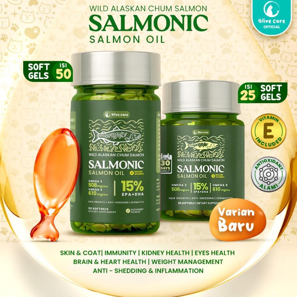 Olive Care Vitamin Minyak Ikan Kucing SALMONIC Murni & Alami Non-GMO Tinggi Omega 3 EPA DHA Omega 6 