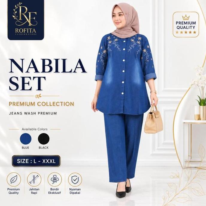 Oioioi- Rofita Nabila One Set Jeans Nita Jumbo L-Xxxl Bb 40 - 100 Kg | Setelan Tunik Celana Bordir