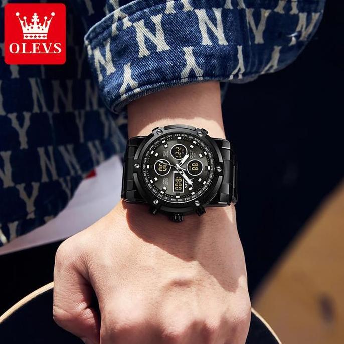 Waer- Olevs Jam Tangan Pria Anti Air Multifungsi Luminous Kalender Alarm Analog Cowok Fashion Hitam 