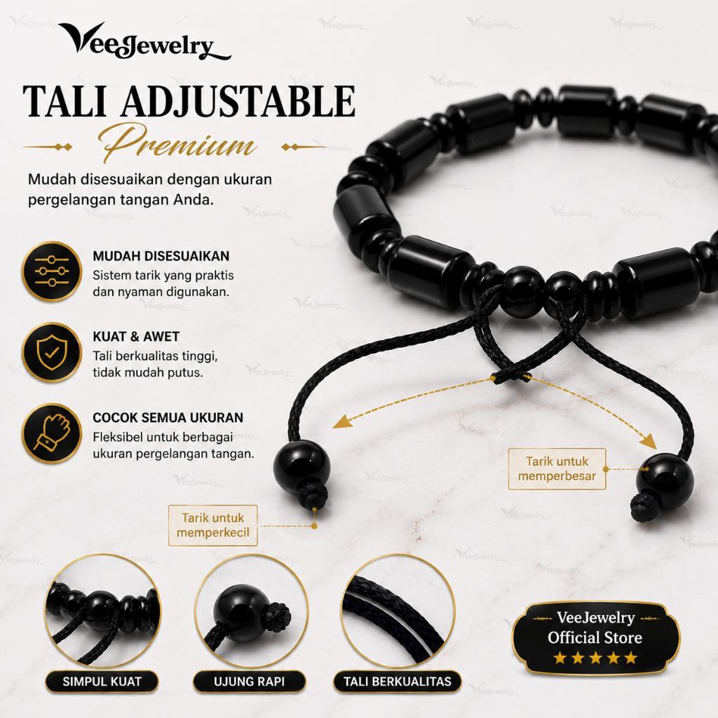 Gelang Tali Batu Giok Hitam Asli Cina - Gelang Viral/Kekinian/Couple - Vee Black Jade Feng Shui