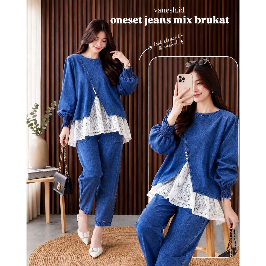 Vanesh Set Jeans Mix Burkat Setelan Full Jeans Wanita Dewasa, Oneset Ootd Kekinian
