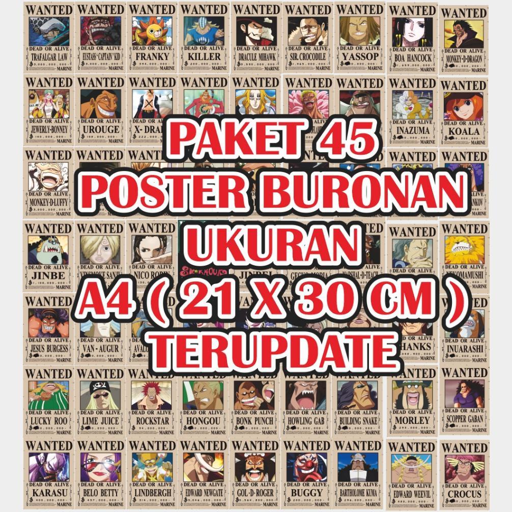 Poster Buronan One Piece PAKET HEMAT 45 POSTER BURONAN A4 /Kru Mugiwara/Supernova/Mantan shichibukai