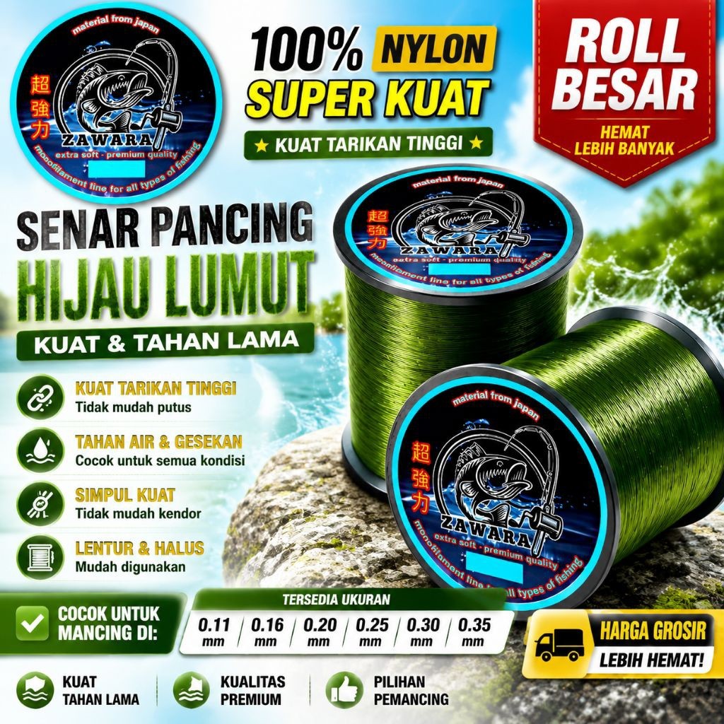 Senar pancing hijau lumut Roll besar Zawara senar pancing olahan lentur elastis anti keriting