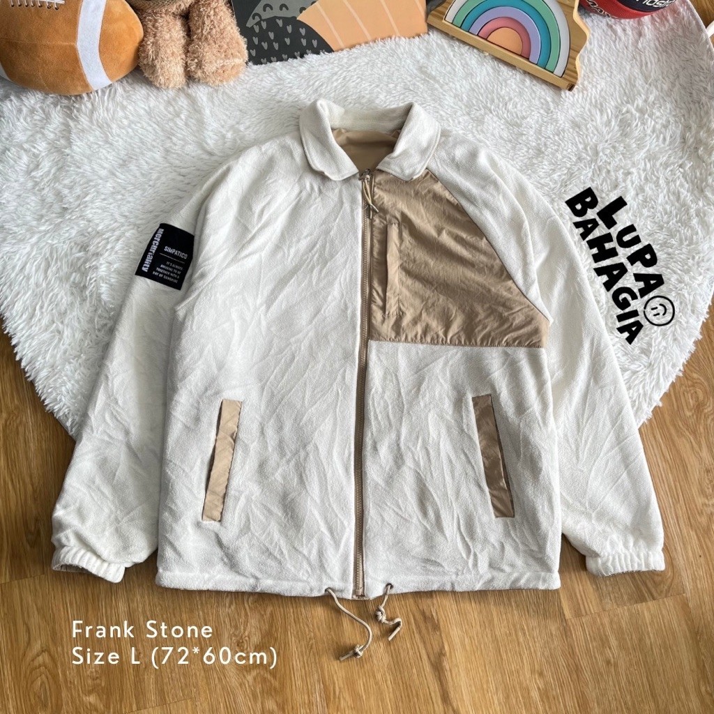FRANK STONE Cream-White Nilon Collar Reversible Windbreaker Jaket size L • 100% Original