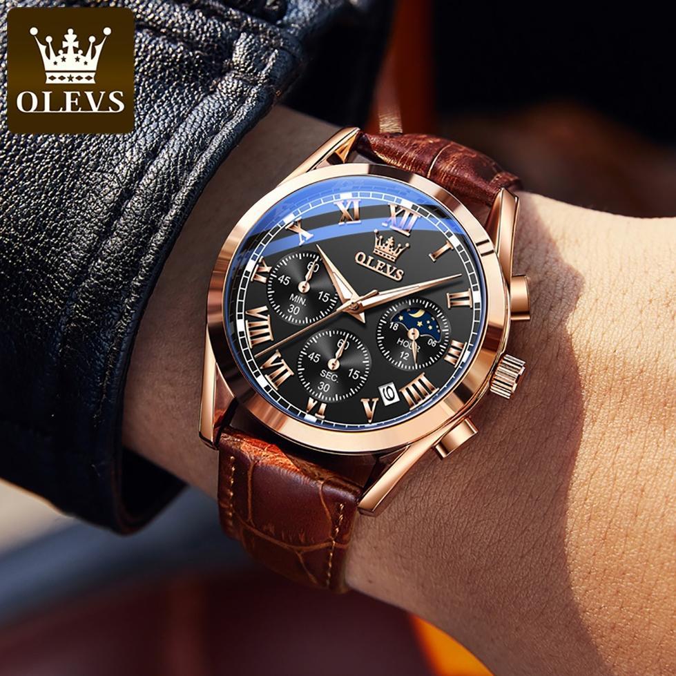 DISKON OLEVS JAM TANGAN PRIA ANTI AIR ORIGINAL COKLAT KULIT FASE BULAN CHRONOGRAPH MEN WATCH 2871