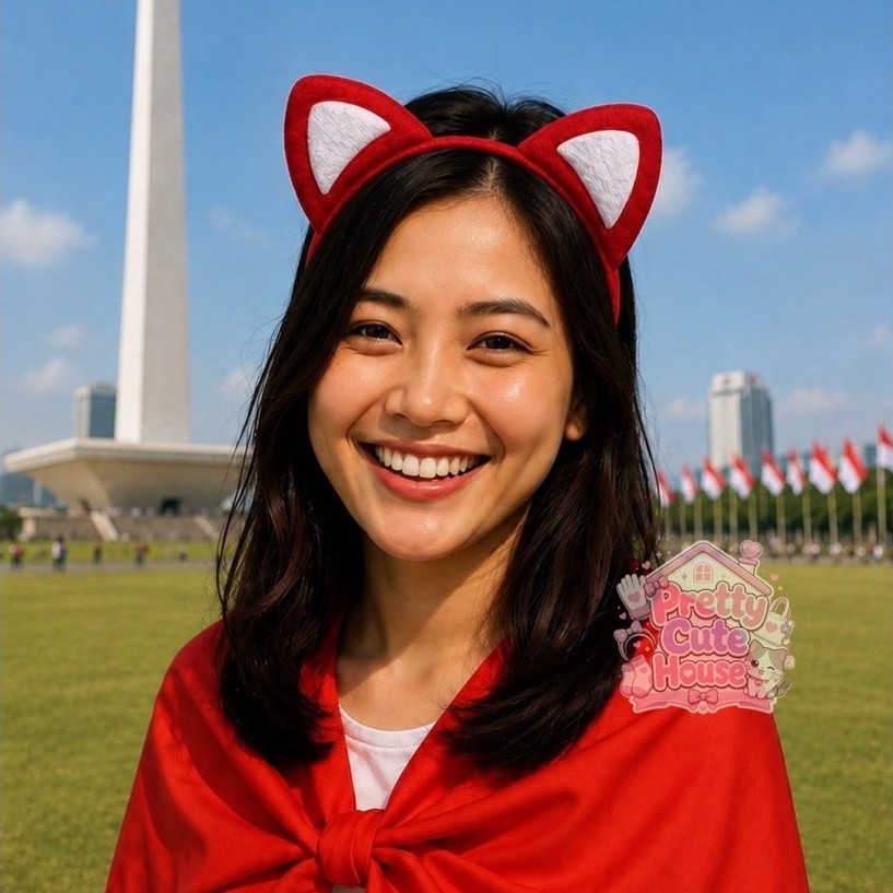 BANDO KUCING MERAH PUTIH / NEKOMIMI / BANDO KUCING LONCENG RENDA HITAM