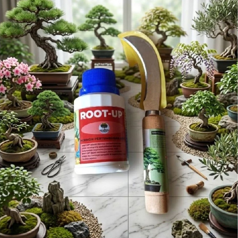 ​Paket Cangkok & Stek Tanaman - Hormon Root-Up Perangsang Akar + Pisau Okulasi Melengkung Gagang Kay