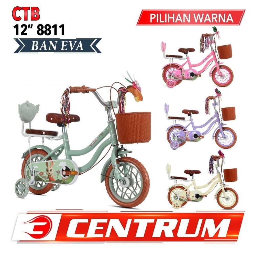 sepeda mini anak perempuan ban eva 811 centrum ada keranjang roda bantu usia 2-4tahun
