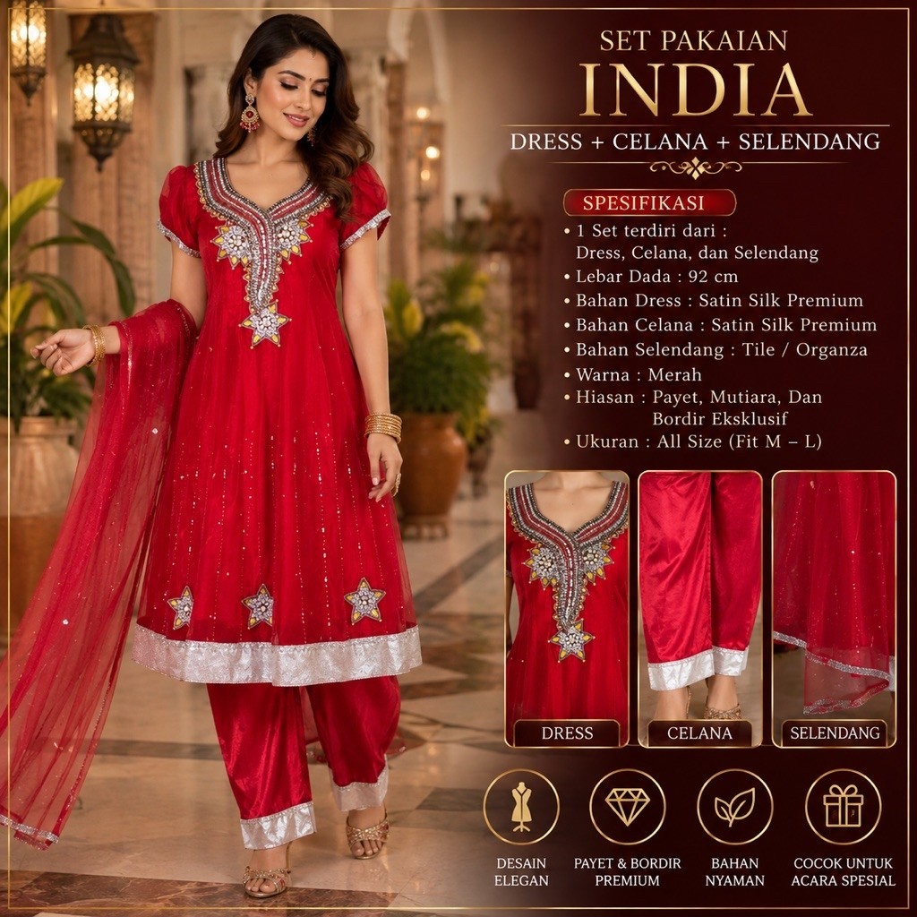 Baju India Wanita Premium 1 Set Dress Celana Selendang Merah - Gamis India Payet Mewah untuk Pesta &
