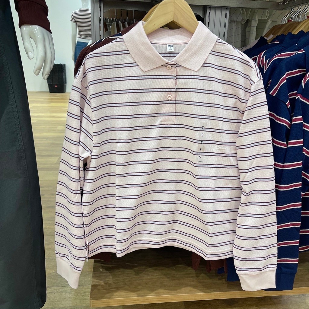 Polo Uniqlo Woman garis lengan panjang 10 pink