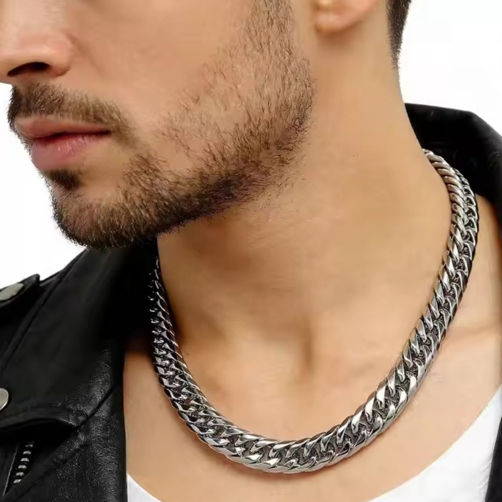 Kalung Rantai Pria Titanium Premium 12mm Silver Anti Karat Waterproof, Kalung Cuban Link Tebal Fashi