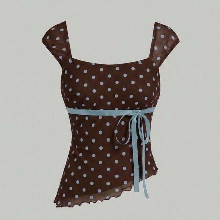 SHEIN MOD Polka Dot Print Bow Asymmetric Ruched Mesh Top