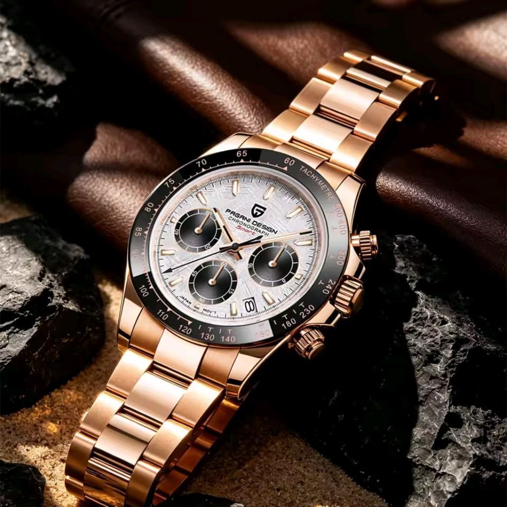 PAGANI DESIGN DAYTONA ROSEGOLD SAFIR WR 100 M CERSMIC BEZEL STEEL SOLID 316 L WR 100 M SIAP RENANG