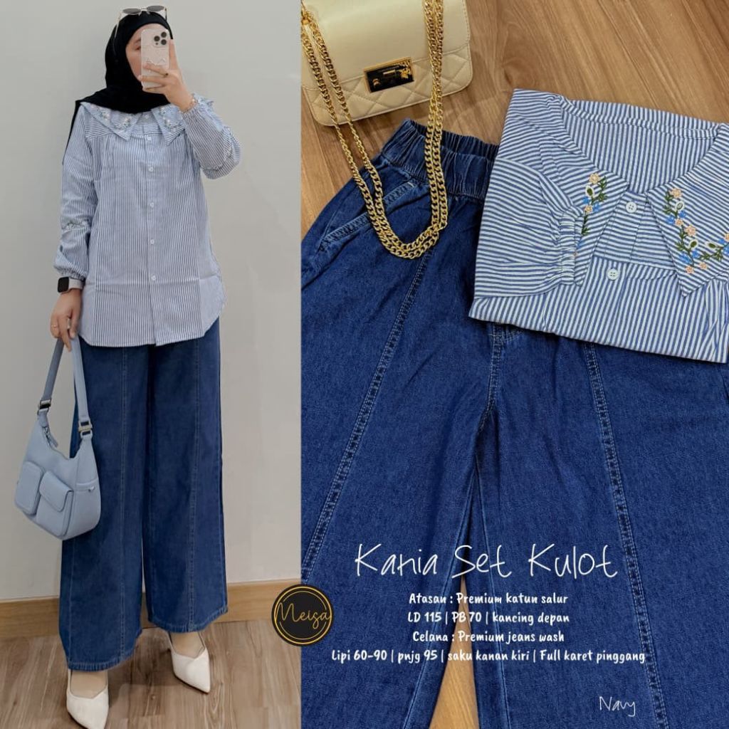 Meisa -Kania One Set Kemeja Katun Salur LD115 PB70 + Kulot Jeans LP60-90 PJ95 FullKaret