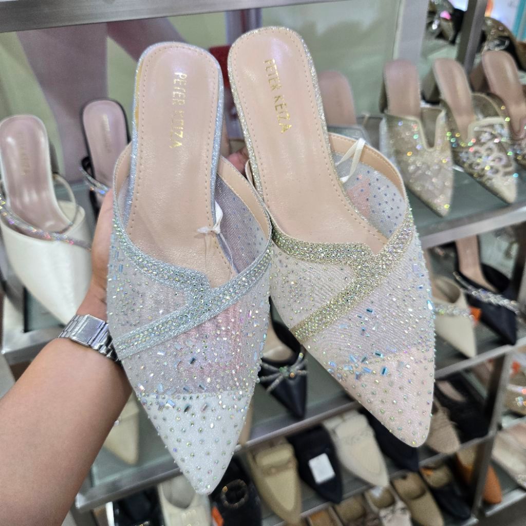 PETER KEIZA NEW sandal pesta selop heels 3cm wanita glitter warna silver model pointed toe sol hitam