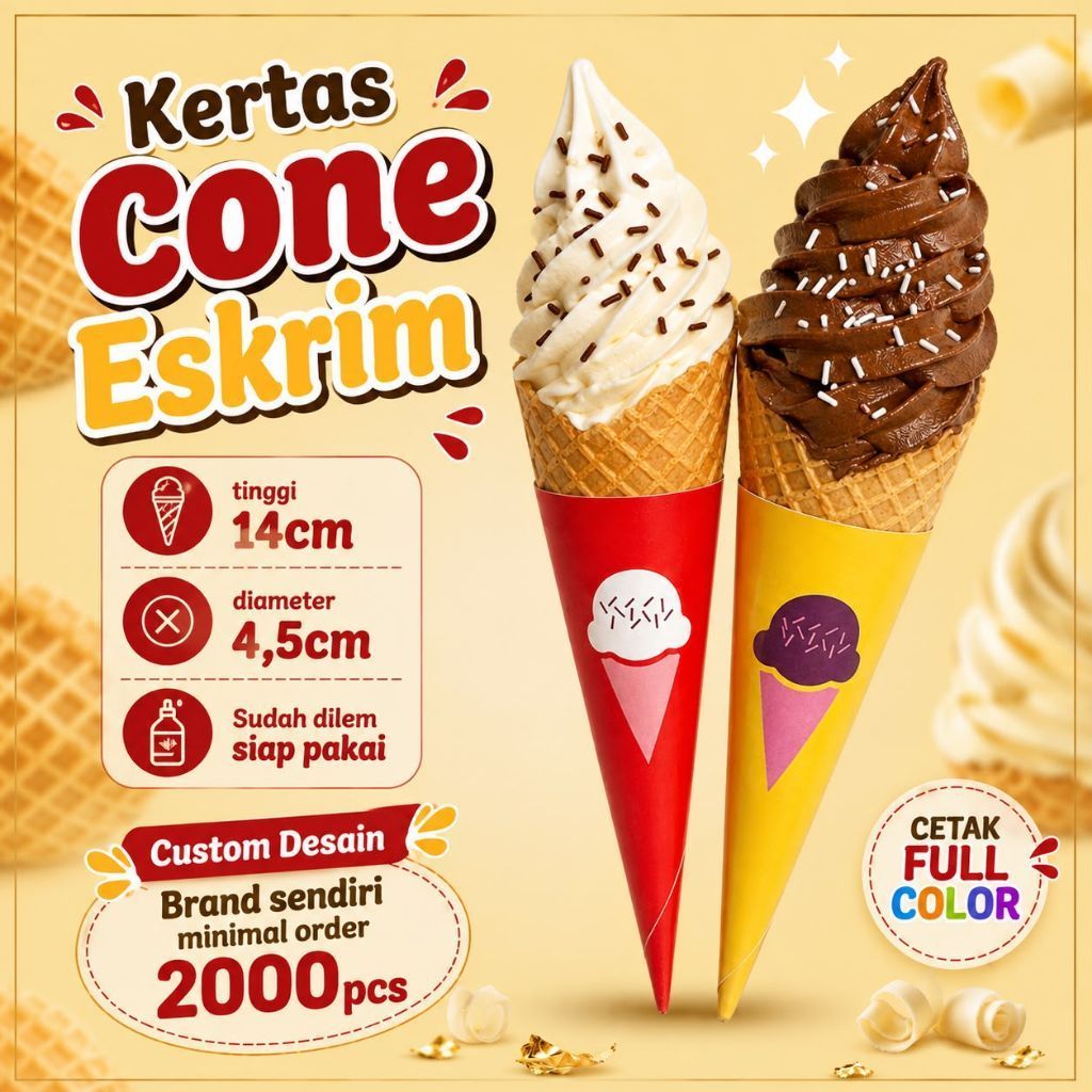 Kertas Cone Eskrim isi 100pcs Papercone Eskrim Kertas Waffle Cone Pegangan Waffle Cone Eskrim 14cm