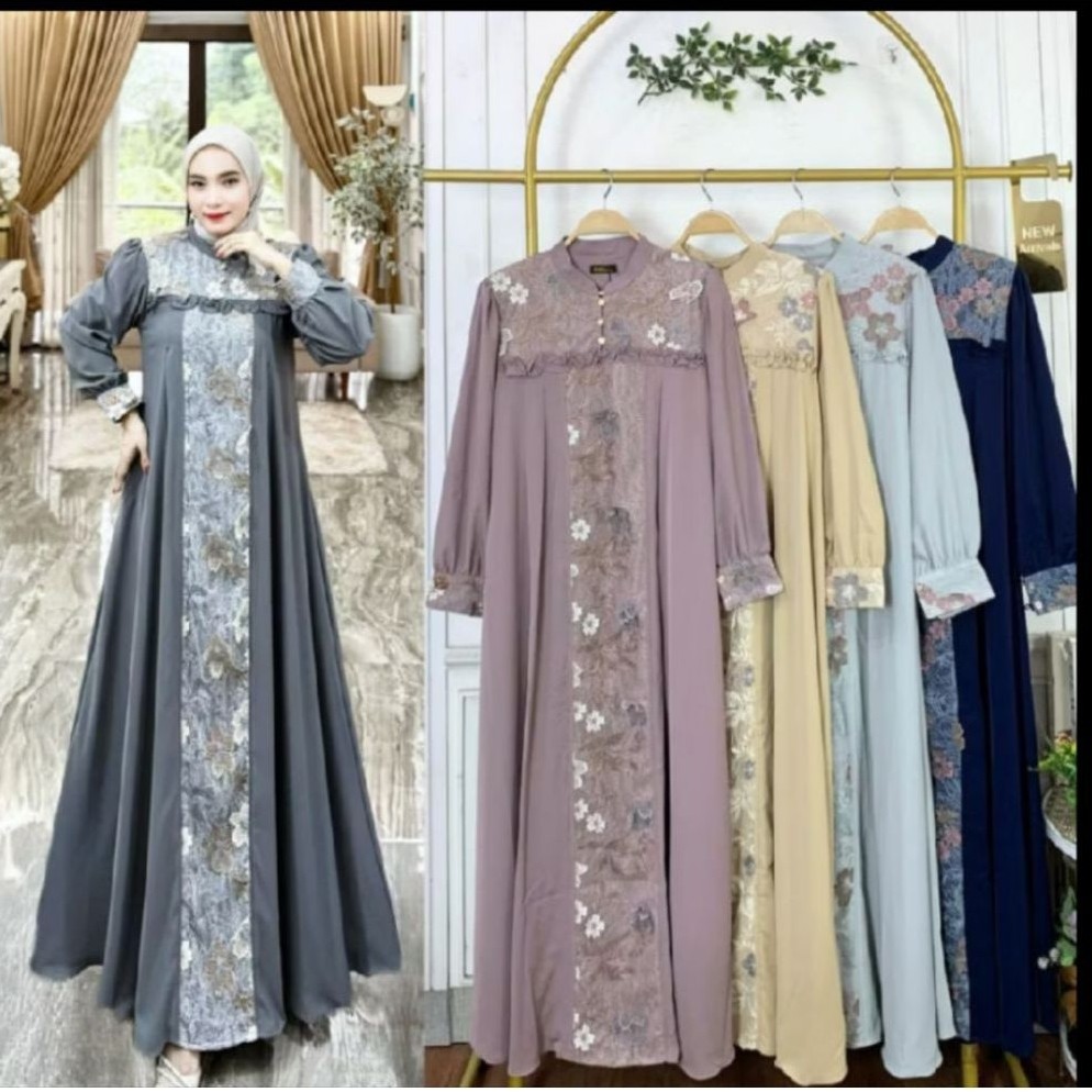 GAMIS DHIVA BUNGA 3D / BUNGA TIMBUL BAHAN ANTI UV ORIGINAL PREMIUM..WARNA ABU BASAH