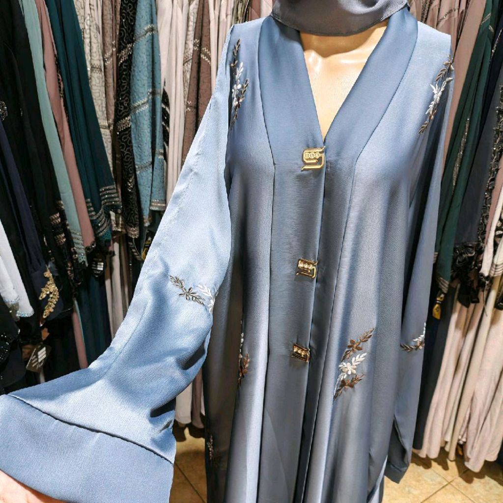 abaya kancing outer abu abu