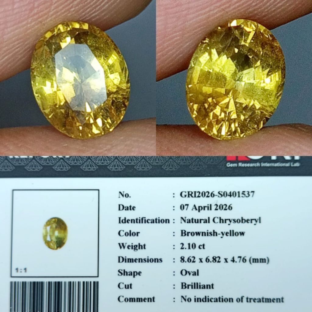 Natural Chrysoberyl + Memo GRI