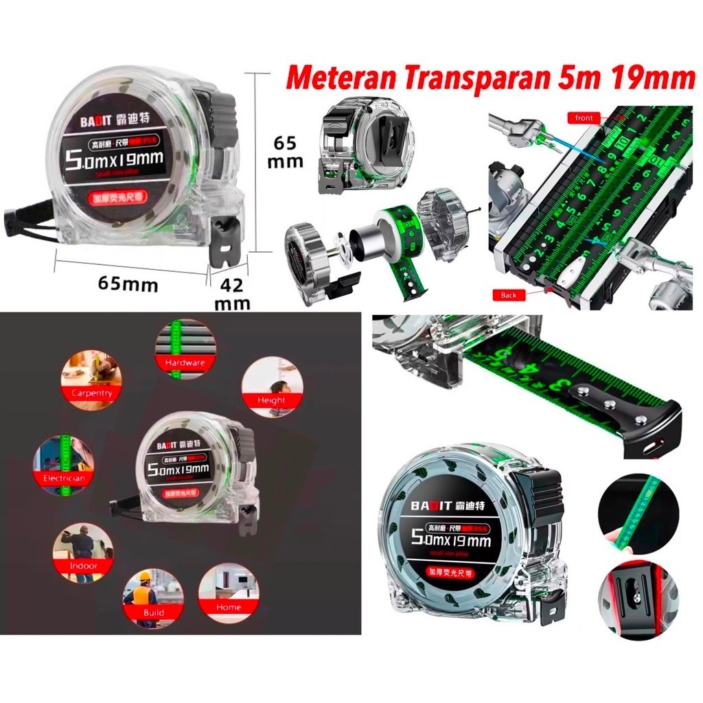 Meteran Transparan 19MM 5M Pita Pengukur Anti Karat Measuring Tape 5M Transparant Panjang