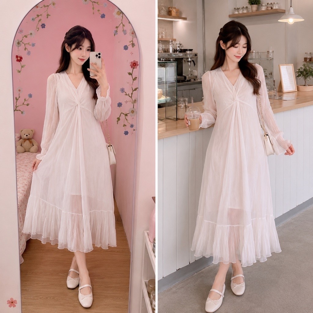 DRESS BALON PUTIH SIFON OUTER BATWING KOREANSTYLE BKK VINTAGE PANTAI PESTA