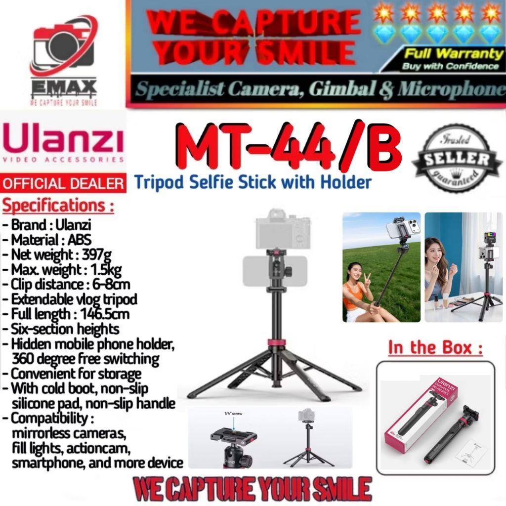 Ulanzi MT-44B / Ulanzi MT-44 Extendable Vlog Tripod Selfie Stick with 2in1 Ball Head Camera Holder C