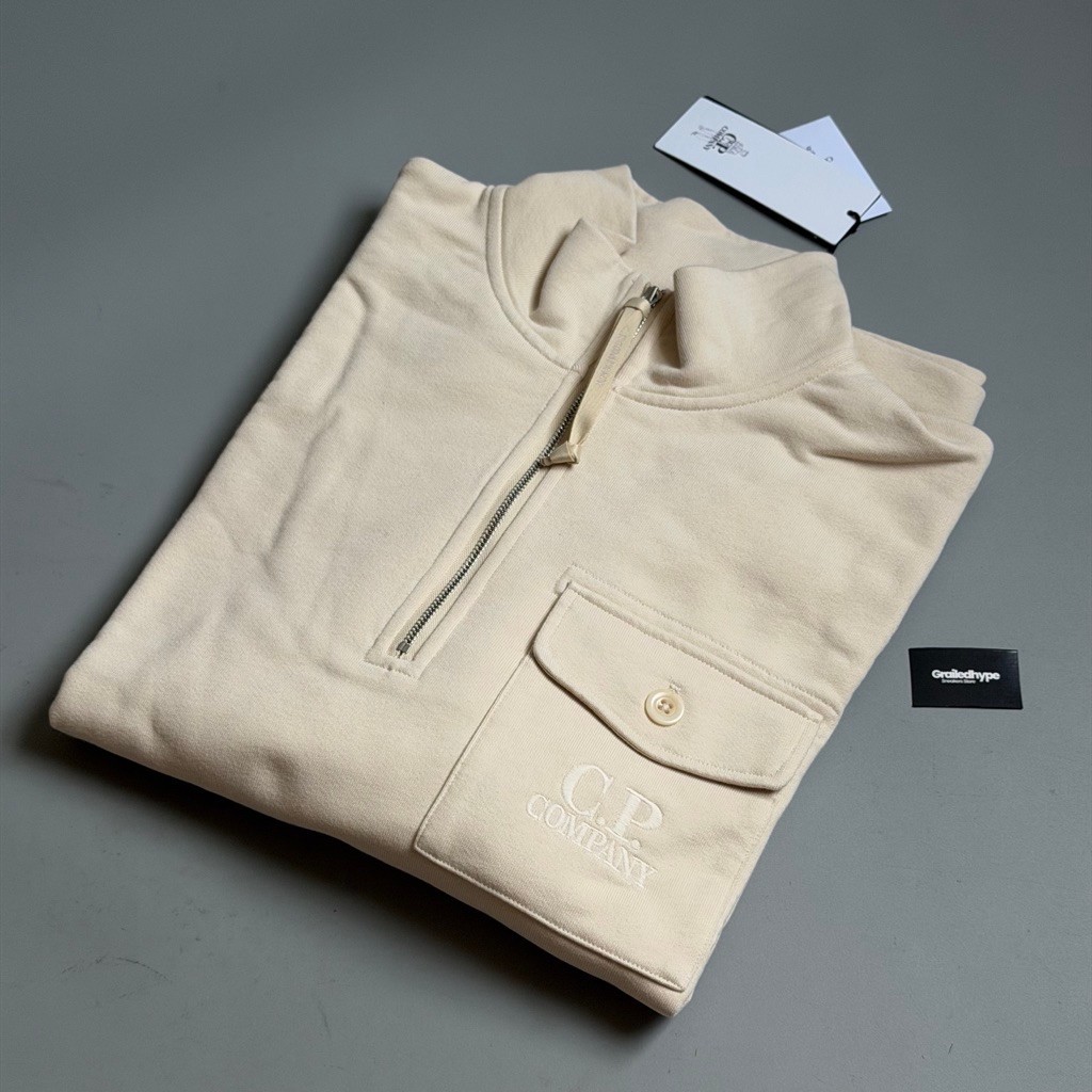 CP Company Diagonal Raised Fleece Half Zip Sweatshirt Light Beige