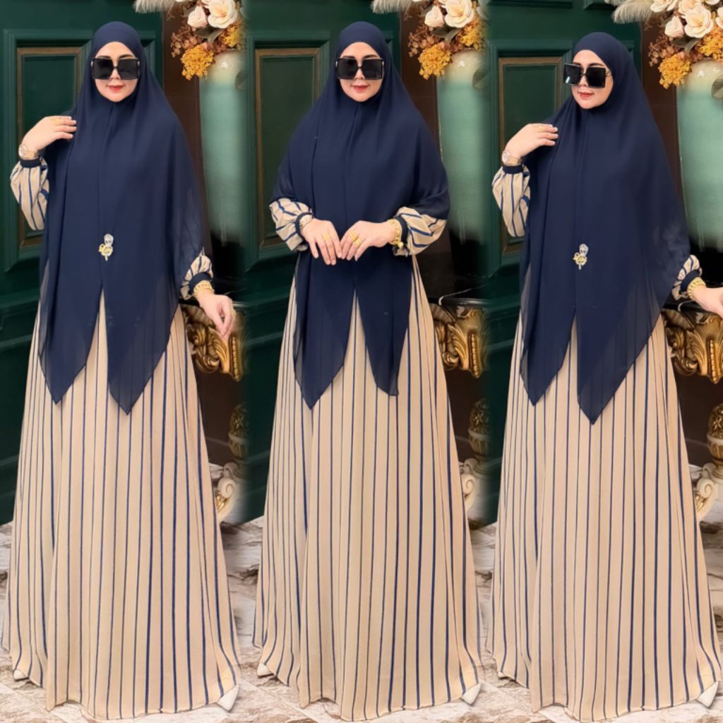 Naima Set Khiban / Gamis Ceruty BabyDoll Salur Set Hijab Khimar Bandana Segi 4 Instan / COD
