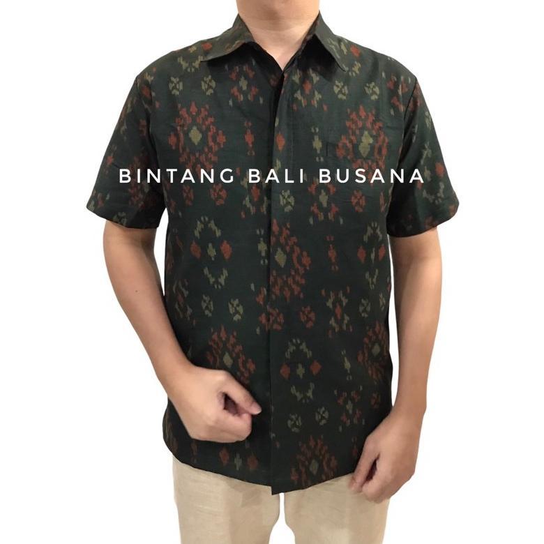 Kemeja Endek Bali Pria Katun Lengan Pendek Bintang Hijau