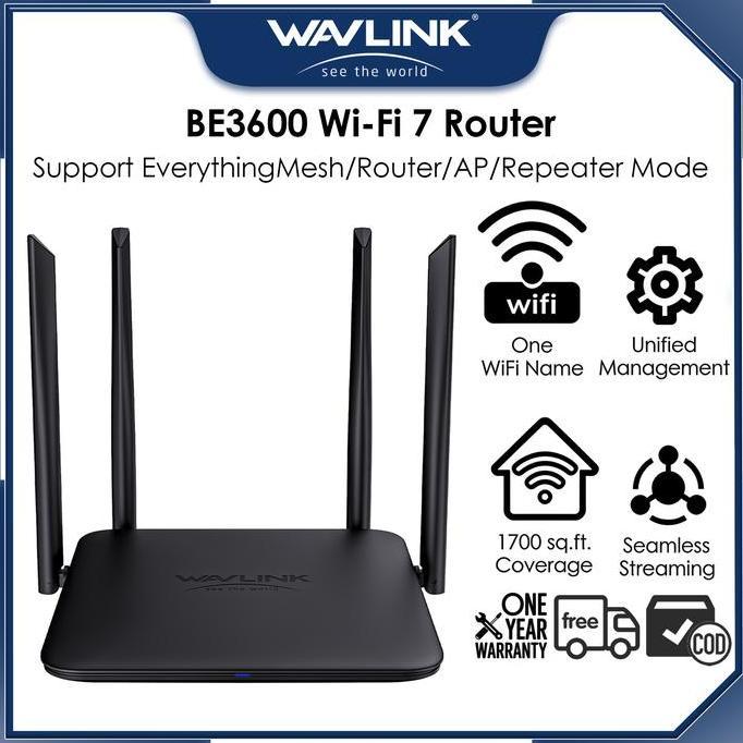 WAVLINK BE3600 Router Wi-Fi 7 Dual Band 4096-QAM MLO 2.4GHz 5GHz 3600Mbps Mesh WiFi Tamu QoS IPv6 VP