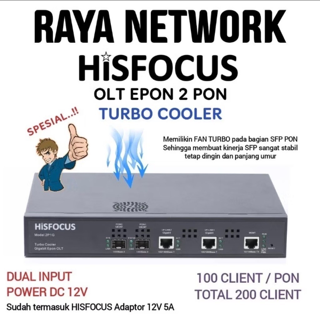 Hisfocus 2P1G Turbo Cooler OLT EPON 2 PON 128