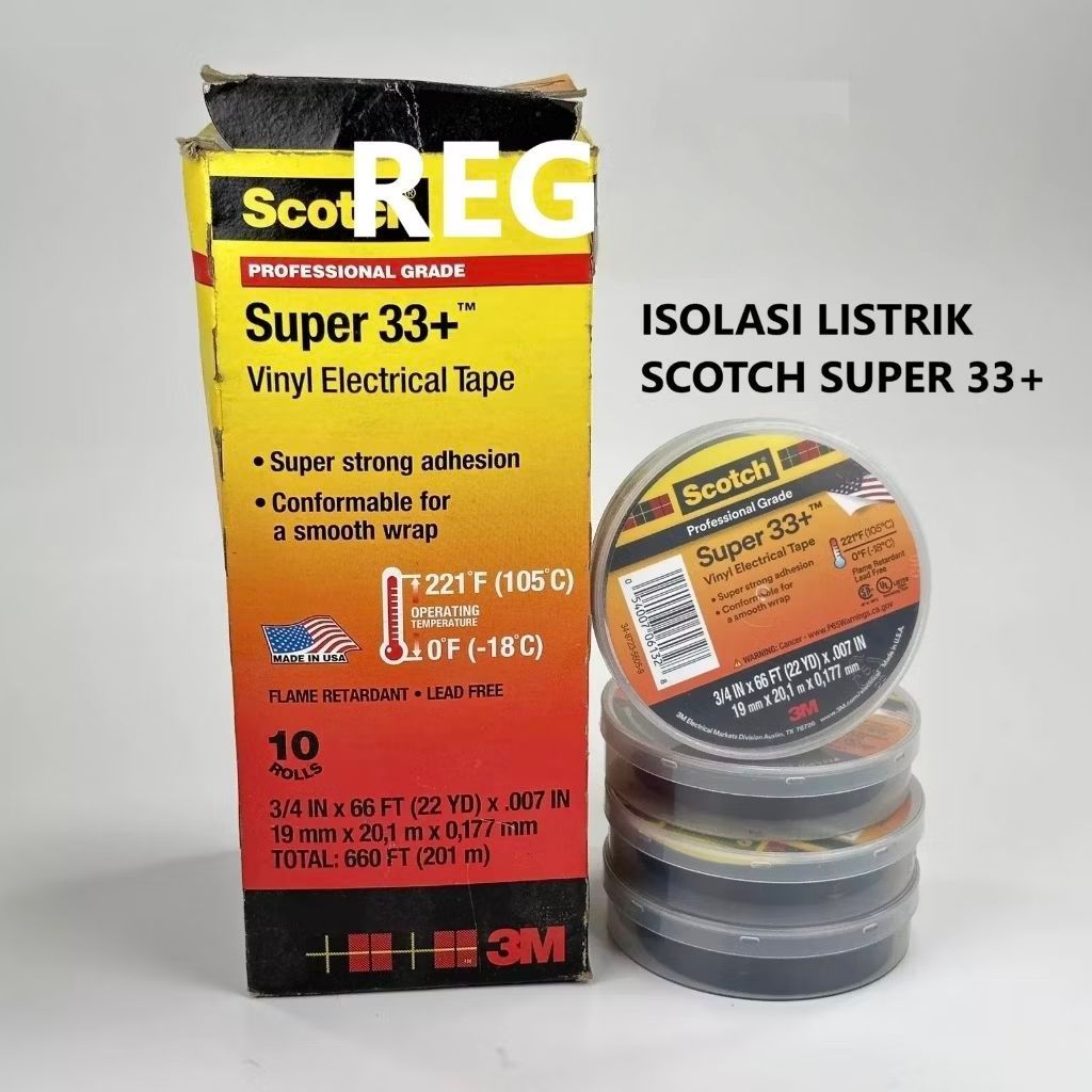 (1 Box = 10 roll ) 3M Scotch 33+ Original Vinyl Electric Tape | Isolasi Listrik Hitam 3M Scotch 33+