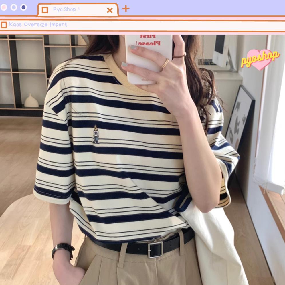 Kaos Stripe Oversized Import Wanita Bordir Korean