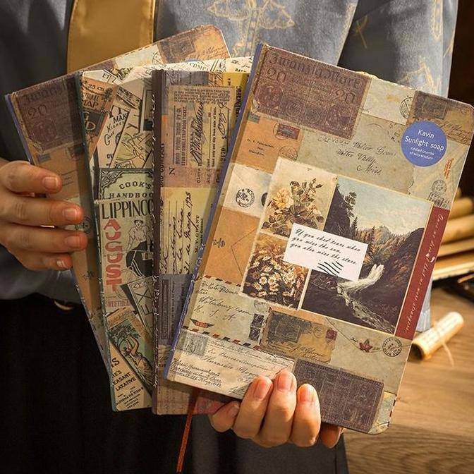 najafaras - buku catatan hardcover retro antik pola huruf lama jahit pengikat tali pembatas buku cat
