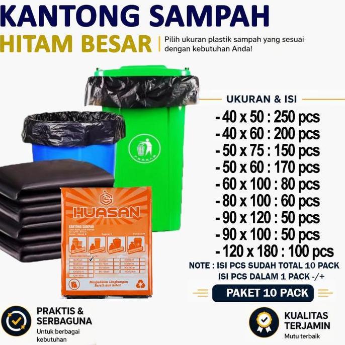 HUASAN Paket Super Hemat Plastik Sampah Hitam Besar 40x50 250pcs 40x60 200pcs 50x75 150pcs 60x100 80