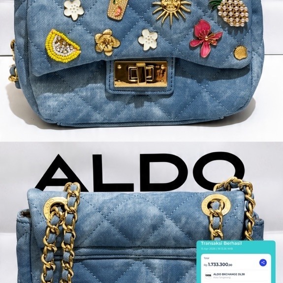 Tas Selempang Wanita ALDO Exchange DJB motif denim quilted dengan rantai emas