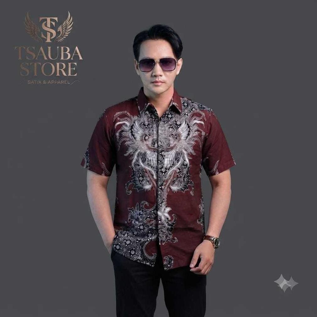 Premium Batik Pria Lengan Pendek Merah Maroon Katun Adem