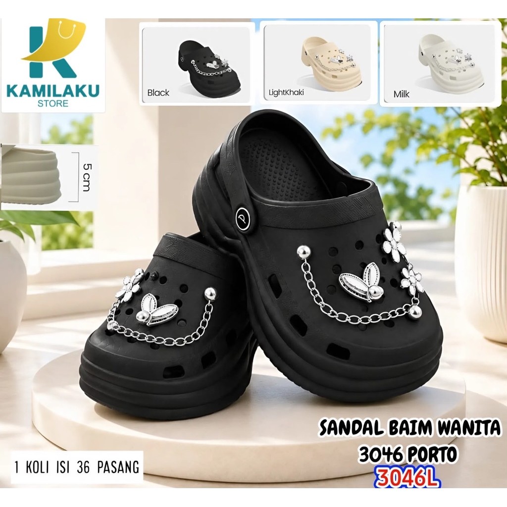 Sendal Baim Wanita 3046 Porto 3046L warna hitam dengan aksesoris rantai dan kupu-kupu