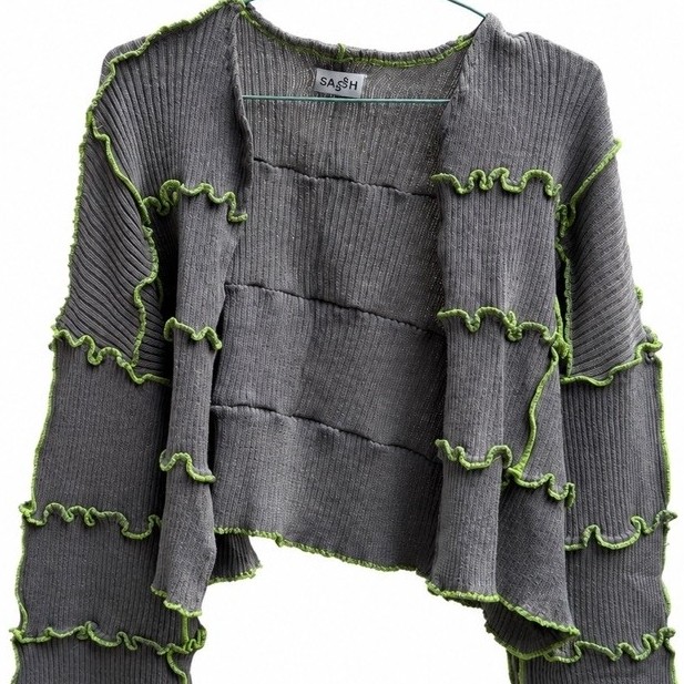 [PRELOVED] SASSH Grey Neon Green Lettuce Edge Cardigan