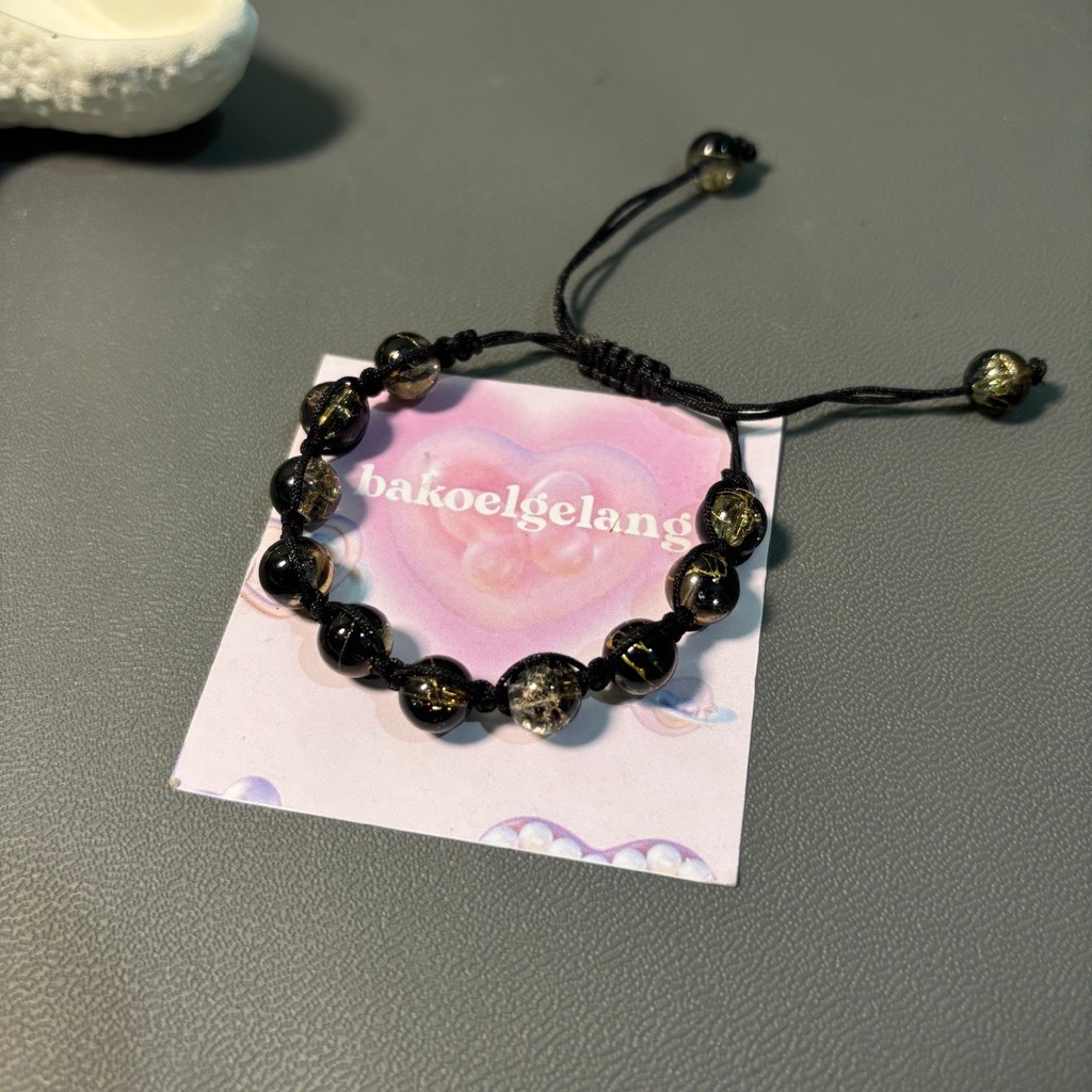 Gelang Serut Black Gold Aurora Manik Hitam Gold Transparan Tali Hitam Handmade Adjustable Gelang Raj