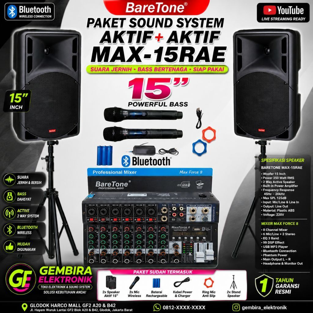 Paket Speaker Aktif Baretone 15 inch 15rae Mixer Baretone force 8 Original