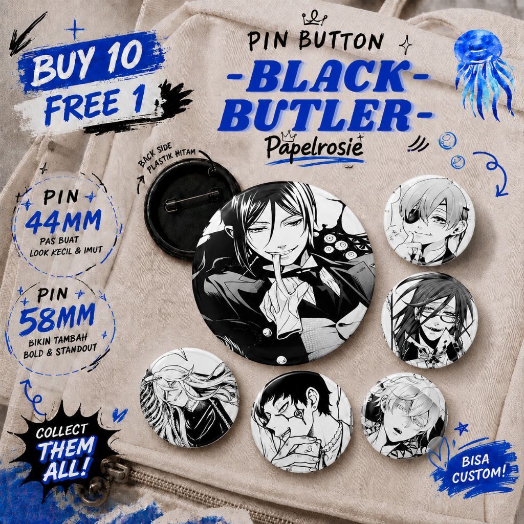 PIN BUTTON BLACK BUTLER MANGA | PIN PENITI BULAT AESTHETIC BLACK BUTLER MANGA VERSI 44 MM