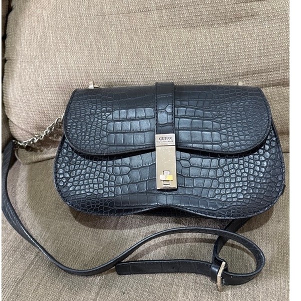 TAS GUESS ASHER BLACK CROCO Shoulder Bag
