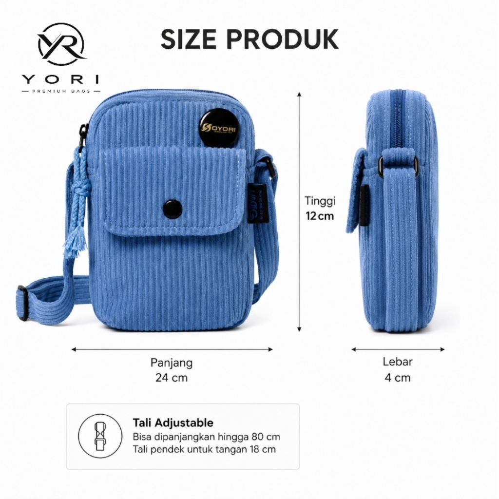 Tas Selempang Sling YORI Premium Bags warna biru corduroy tali adjustable 24x12x4 cm