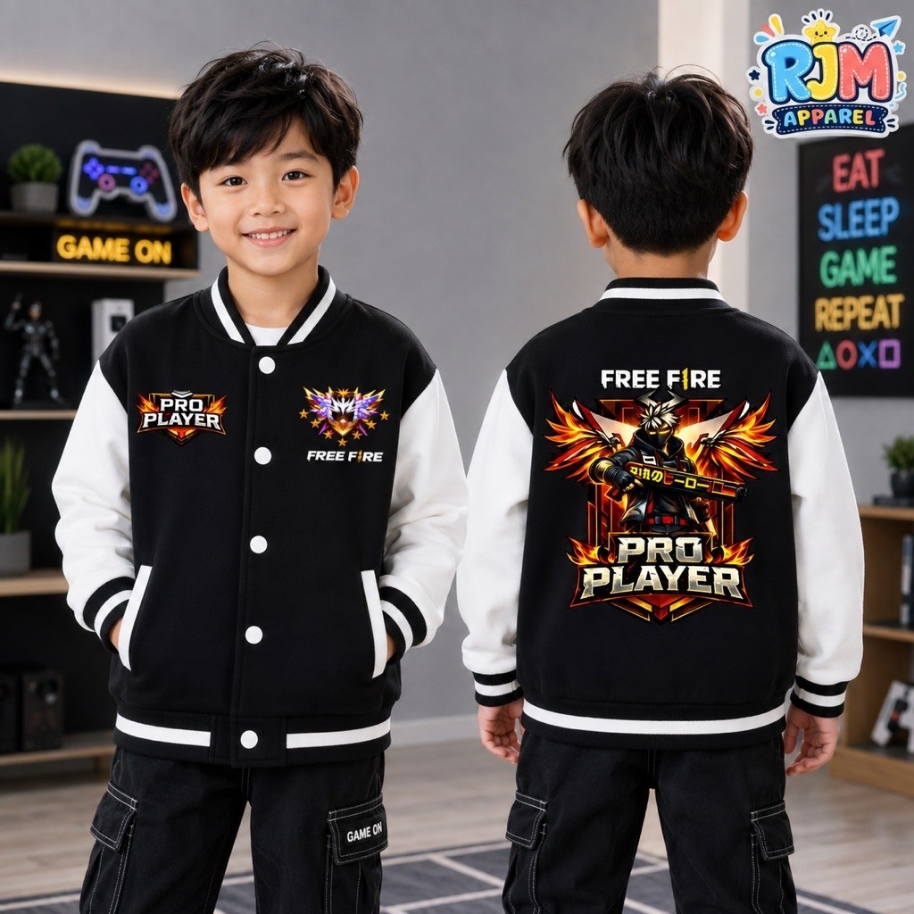 Jaket Varsity Anak Free Fire FF Pro Player Premium Baseball Anak laki-laki perempuan Usia 1-12 Tahun