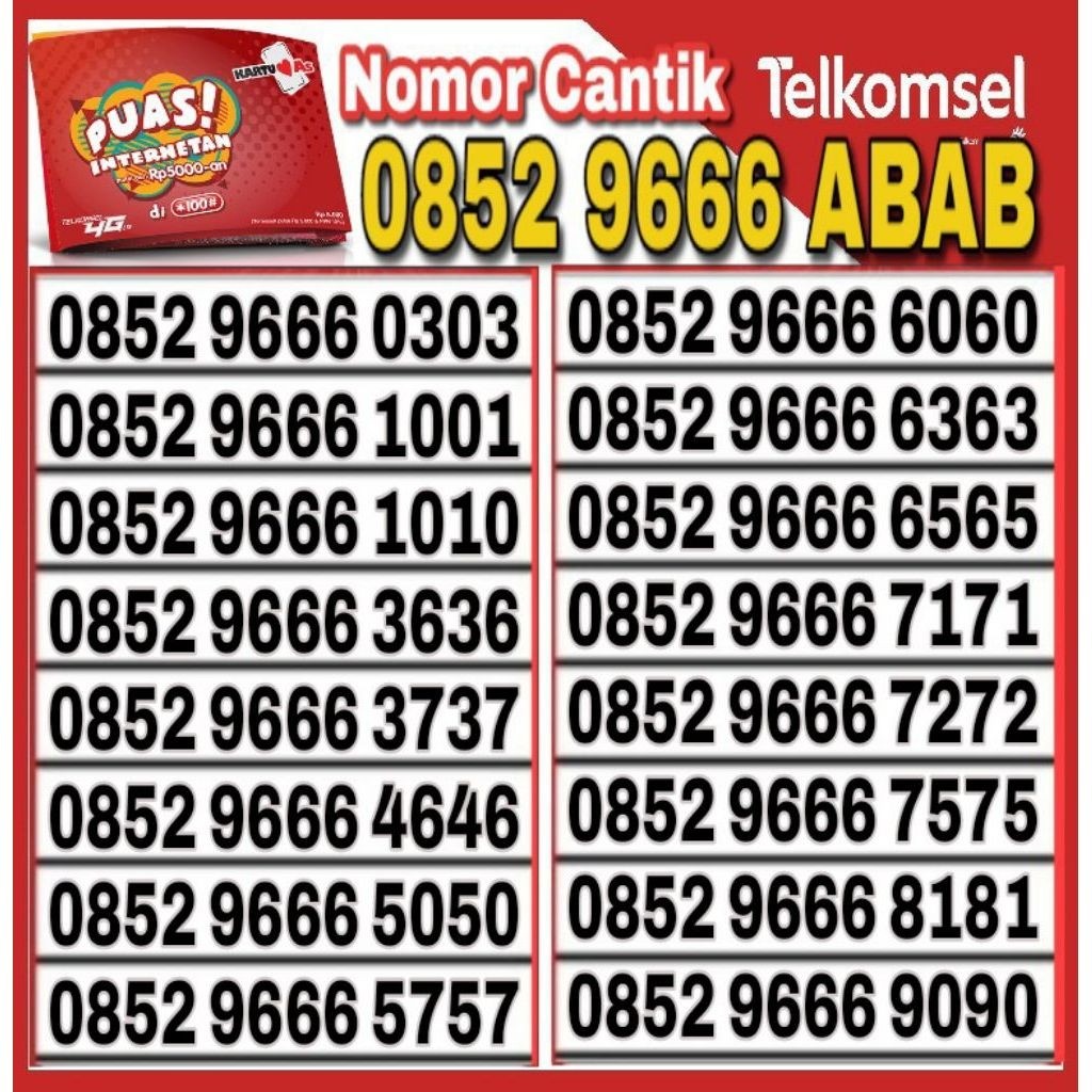 Nomor Cantik Telkomsel Simpati AS 4G LTE SERI 0303 1001 1010 6060 8181 9090