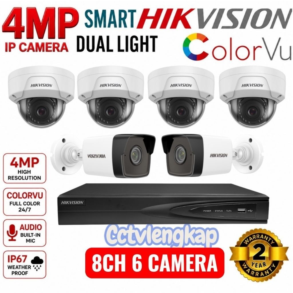 PAKET CCTV IP CAMERA HIKVISION 8 CHANNEL 6 KAMERA IP 4MP AUDIO TURBO HD